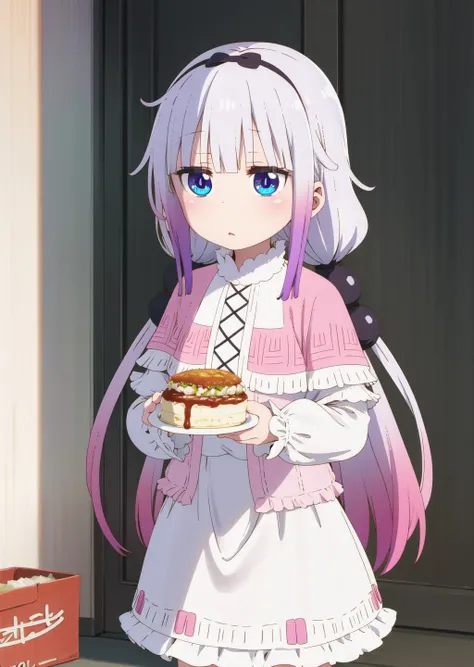 (best quality), highres, <lora:kdm-style-v14h:1>, kdm style, kanna kamui, solo, dragon girl, blue eyes, light purple hair, purple hair, long hair, blunt bangs, bangs, jitome, gradient hair, capelet, dress, frills, long sleeves, white skirt, holding food,