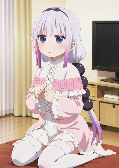 (best quality), highres, <lora:kdm-style-v14h:1>, kdm style, kanna kamui, solo, dragon girl, blue eyes, light purple hair, purple hair, long hair, blunt bangs, bangs, jitome, gradient hair, capelet, dress, frills, long sleeves, white skirt, zettai ryouiki, white thighhighs, wariza, living room