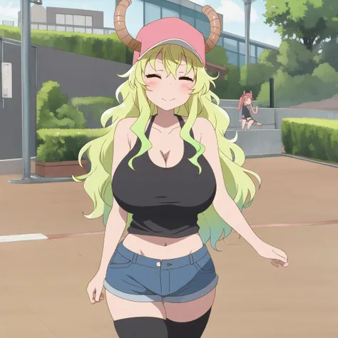 masterpiece, best quality, ultra-detailed, illustration, 1girl, solo, looking at viewer, <lora:kdm-style-v14h:0.9>, kdm style, outdoors, lucoa /(maidragon/), curvy, dragon girl, dragon horns, blonde hair, green hair, long hair, wavy hair, closed eyes, ^ ^, huge breasts,  nude, vagina,  pubes,  nipples, pink nipples, puffy nipples,  cleavage, legs, feet, toes, five fingers, five toes,  zettai ryouiki, skindentation, pink footwear, sneakers