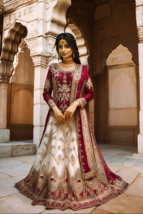 xyzsanbridaldress, (full body:1.3), a sub continent female standing against a backdrop of a majestic historical monument, such as the Mughal's Badshahi Mosque or Lal Qilla She is wearing a graceful bridal dress in a Maroon color, (((_embroidery15_))), complemented by ornate jewelry and a bindi on her forehead, detail skin texture, pores, detailed facial features. With poise and grace, she gazes directly at the camera, portraying a sense of pride and reverence for her country's traditions and heritage, <lora:xyzsanbridaldress:0.8>, <lora:epi_noiseoffset2:0.6>, <lora:GoodHands-beta2:1.0>, <lora:add_detail:1.0>