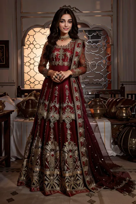 xyzsanbridaldress, (highly detailed:1.3), 34 y.o Pakistani Model Maya Ali, slim, solo, (full body:1.3), vail, nice hands, perfect hands, _embroidery15_,red dress, bridal dress, Ultra-detail, (highres:1.1), best quality, (masterpiece:1.3), bright cinematic lighting, (highly detailed face and eyes:1.3), <lora:xyzsanbridaldress:1>