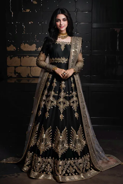 xyzsanbridaldress, (highly detailed:1.3), 34 y.o Pakistani Model Maya Ali, slim, solo, (full body:1.3), vail, nice hands, perfect hands, _embroidery15_,black and gold bridal dress, Ultra-detail, (highres:1.1), best quality, (masterpiece:1.3), bright cinematic lighting, (highly detailed face and eyes:1.3), <lora:xyzsanbridaldress:1>