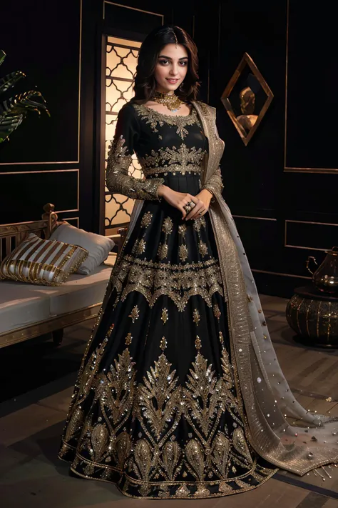 xyzsanbridaldress, (highly detailed:1.3), 34 y.o Pakistani Model Maya Ali, slim, solo, (full body:1.3), vail, nice hands, perfect hands, _embroidery15_,black and gold bridal dress, Ultra-detail, (highres:1.1), best quality, (masterpiece:1.3), bright cinematic lighting, (highly detailed face and eyes:1.3), <lora:xyzsanbridaldress:1>