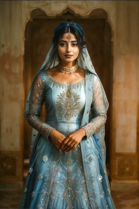 xyzsanbridaldress, (full body:1.3), a sub continent female standing against a backdrop of a majestic historical monument, such as the Mughal's Badshahi Mosque or Lal Qilla She is wearing a graceful bridal dress in a Maroon color, (((_embroidery15_))), complemented by ornate jewelry and a bindi on her forehead, detail skin texture, pores, detailed facial features. With poise and grace, she gazes directly at the camera, portraying a sense of pride and reverence for her country's traditions and heritage, <lora:xyzsanbridaldress:0.8>, <lora:epi_noiseoffset2:0.6>, <lora:GoodHands-beta2:1.0>, <lora:add_detail:1.0>