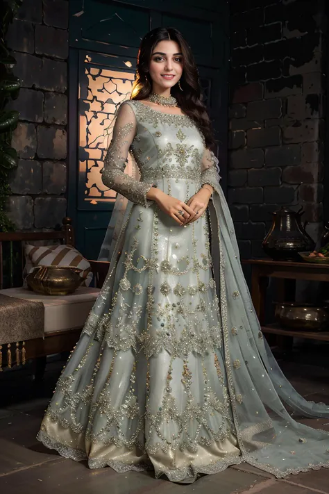 xyzsanbridaldress, (highly detailed:1.3), 34 y.o Pakistani Model Maya Ali, slim, solo, (full body:1.3), vail, nice hands, perfect hands, _embroidery15_,green bridal dress, Ultra-detail, (highres:1.1), best quality, (masterpiece:1.3), bright cinematic lighting, (highly detailed face and eyes:1.3), <lora:xyzsanbridaldress:1>
