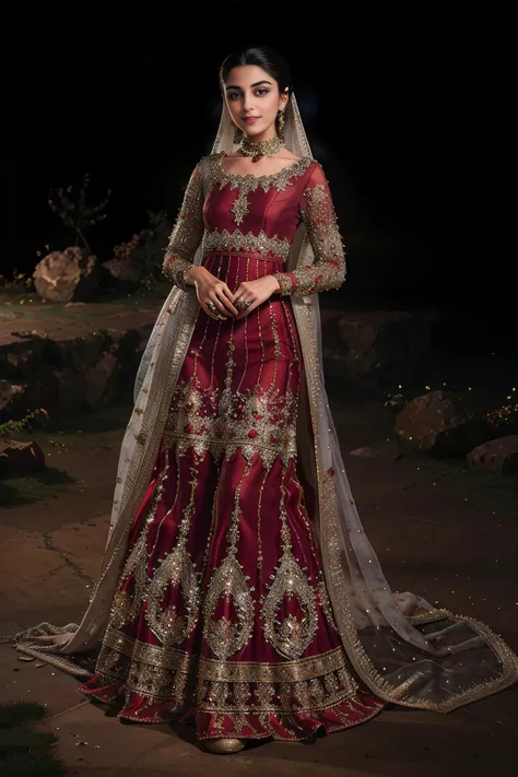 xyzsanbridaldress, (highly detailed:1.3), 34 y.o Pakistani Model Maya Ali, slim, solo, (full body:1.3), vail, nice hands, perfect hands, _embroidery15_,red dress, bridal dress, Ultra-detail, (highres:1.1), best quality, (masterpiece:1.3), bright cinematic lighting, (highly detailed face and eyes:1.3), <lora:xyzsanbridaldress:1>