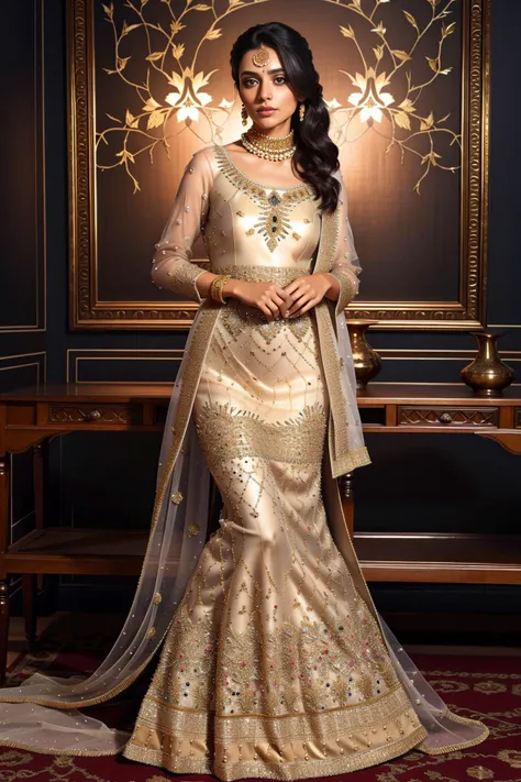 xyzsanbridaldress, portrait, (highly detailed:1.3), 1girl, solo, (full body:1.3), Ultra-detail, (highres:1.1), best quality, (masterpiece:1.3), cinematic lighting, (highly detailed face and eyes:1.3), nice hands, perfect hands, vail, embroidery, gold pearl bridal dress, dark background, decorative lighting, <lora:xyzsanbridaldress:0.8>