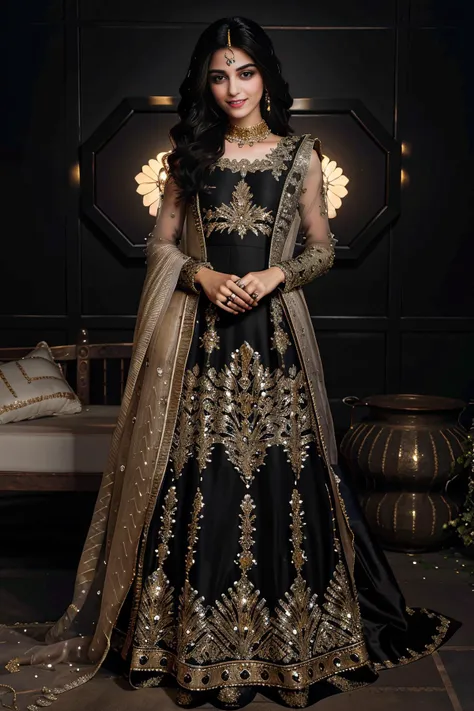 xyzsanbridaldress, (highly detailed:1.3), 34 y.o Pakistani Model Maya Ali, slim, solo, (full body:1.3), vail, nice hands, perfect hands, _embroidery15_,black and gold bridal dress, Ultra-detail, (highres:1.1), best quality, (masterpiece:1.3), bright cinematic lighting, (highly detailed face and eyes:1.3), <lora:xyzsanbridaldress:1>