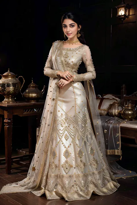 xyzsanbridaldress, (highly detailed:1.3), 34 y.o Pakistani Model Maya Ali, slim, solo, (full body:1.3), vail, nice hands, perfect hands, _embroidery15_,gold pearl bridal dress, Ultra-detail, (highres:1.1), best quality, (masterpiece:1.3), bright cinematic lighting, (highly detailed face and eyes:1.3), <lora:xyzsanbridaldress:1>