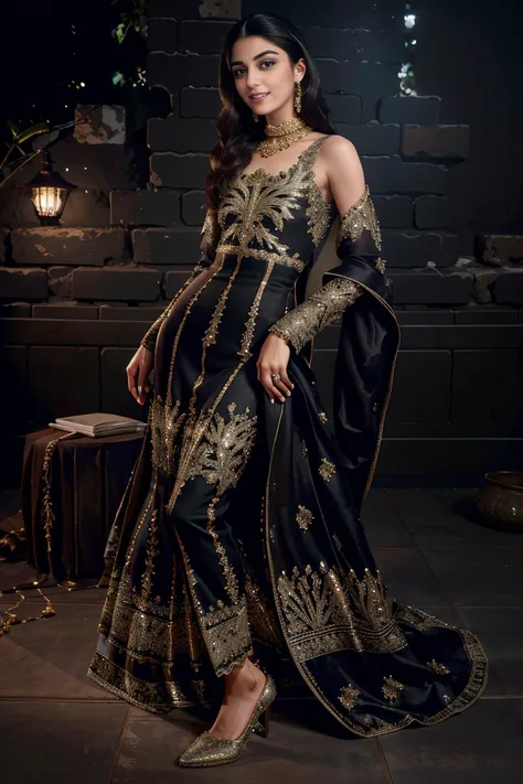 xyzsanbridaldress, (highly detailed:1.3), 34 y.o Pakistani Model Maya Ali, slim, solo, (full body:1.3), vail, nice hands, perfect hands, _embroidery15_, black and gold bridal dress, Ultra-detail, (highres:1.1), best quality, (masterpiece:1.3), bright cinematic lighting, (highly detailed face and eyes:1.3), <lora:xyzsanbridaldress:1>