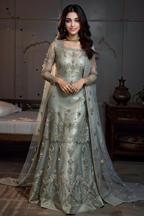 xyzsanbridaldress, (highly detailed:1.3), 34 y.o Pakistani Model Maya Ali, slim, solo, (full body:1.3), vail, nice hands, perfect hands, _embroidery15_,green bridal dress, Ultra-detail, (highres:1.1), best quality, (masterpiece:1.3), bright cinematic lighting, (highly detailed face and eyes:1.3), <lora:xyzsanbridaldress:1>