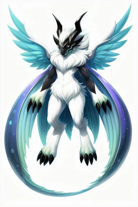 Solo, symmetry, Digimon, digimon \(species\), x-digimon, white hair, white fur, outline, white background, <lora:DigimonLoraV1:1> (Massive Ferocious Ephemeral Classic Spherical,  Five-Fingered Hands,  Long-Tailed, Fuzzy Fur,  Celestial Wings, Forked Horns  OliveGreen)