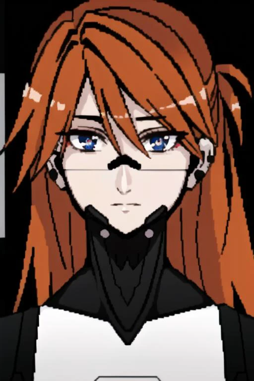 (masterpiece:1.2), high res, extreme detail, asuka langley soryu in a black bodysuit standing in a dark hallway, dramatic lighting, cyberpunk bodysuit, (face augments:1.3), (ear augments), long orange hair, detailed robotic blue eyes, (solo:1.3), (pixilated:1.3), anime, <lora:Signalis:0.9> , <lora:asukalangley:0.9>