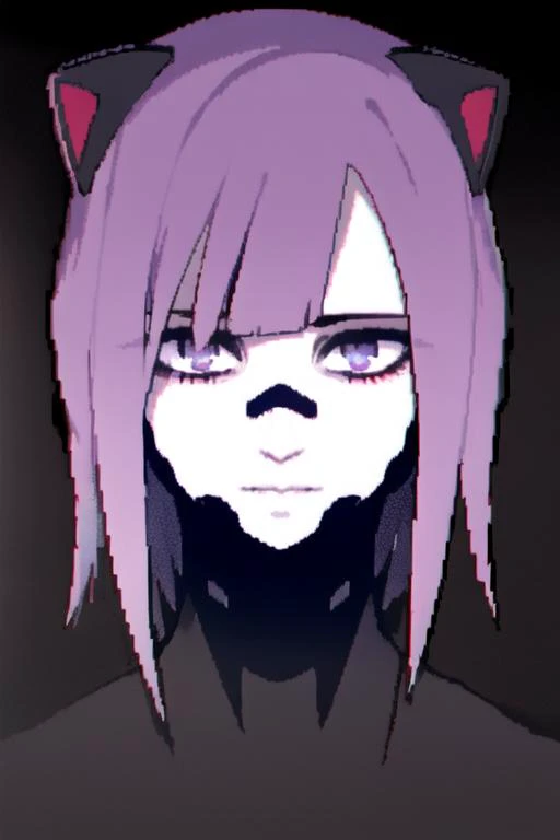 (masterpiece:1.2), high res, extreme detail, 1girl, (Signalis), a masunya in a black bodysuit standing in a dark hallway, horror, dimly lit, pitch black shadows, dramatic lighting, (full body and head:1.2), (dynamic pose), black bodysuit, (face augments:1.3), purple hair, cyberpunk cat ears, (solo:1.3), (pixilated:1.3), anime, <lora:Signalis:0.9>, <lora:my_LoRA_masunya_v3:0.6>