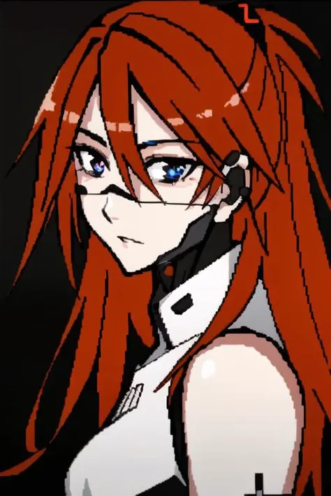 (masterpiece:1.2), high res, extreme detail, asuka langley soryu in a black bodysuit standing in a dark hallway, dramatic lighting, cyberpunk bodysuit, (face augments:1.3), (ear augments), long orange hair, detailed robotic blue eyes, (solo:1.3), (pixilated:1.3), anime, <lora:Signalis:0.9> , <lora:asukalangley:0.7>