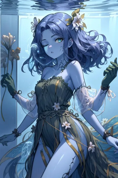 High Quality, Masterpiece, <lora:NSRusalka:1>, wearing NSRusalka, 1girl, underwater, IncrsRanni, wavy hair, colored skin, blue skin, cracked skin, extra arms, extra faces, <lora:Char_EldenRing_Ranni:0.9>, ExtraFacesRanni, <lora:Looks_ExtraFaces:1>, flower, hair flower,