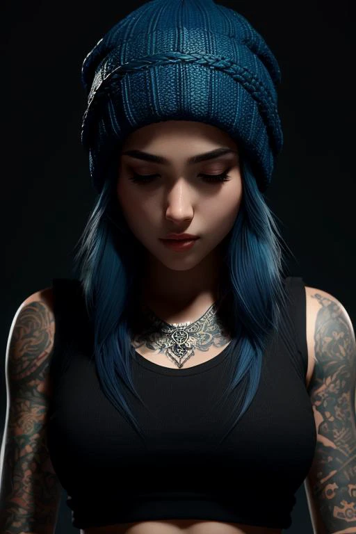 A woman with a serious expression, blue hair pulled back into a beanie hat, tattoos adorning her arms, and a black muscle tank top, masterpiece, best quality, high quality, extremely detailed CG unity 8k wallpaper, oil paiting, award winning photography, Bokeh, Depth of Field, HDR, bloom, Chromatic Aberration ,Photorealistic,extremely detailed, trending on artstation, trending on CGsociety, Intricate, High Detail, dramatic, art by midjourney, volumetric lighting