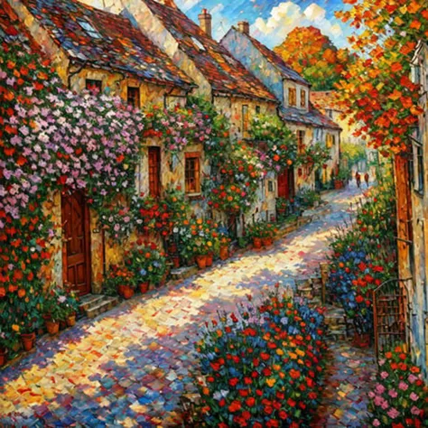 artstation style illustration, exterior, landscape, cosy village, Style-Autumn, cottages, garden fence, bushes, flowers, grass, rough road
