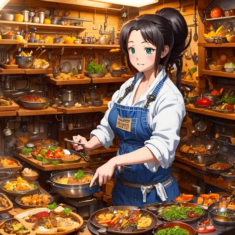detailed anime style, anime, interior, 1girl cyborg center frame, plastic face, breasts, kitchen, modern, cyberpunk, futuristic, cooking utensils, pots, pans, knives, busy restaurant kitchen, Style-Kitchen
