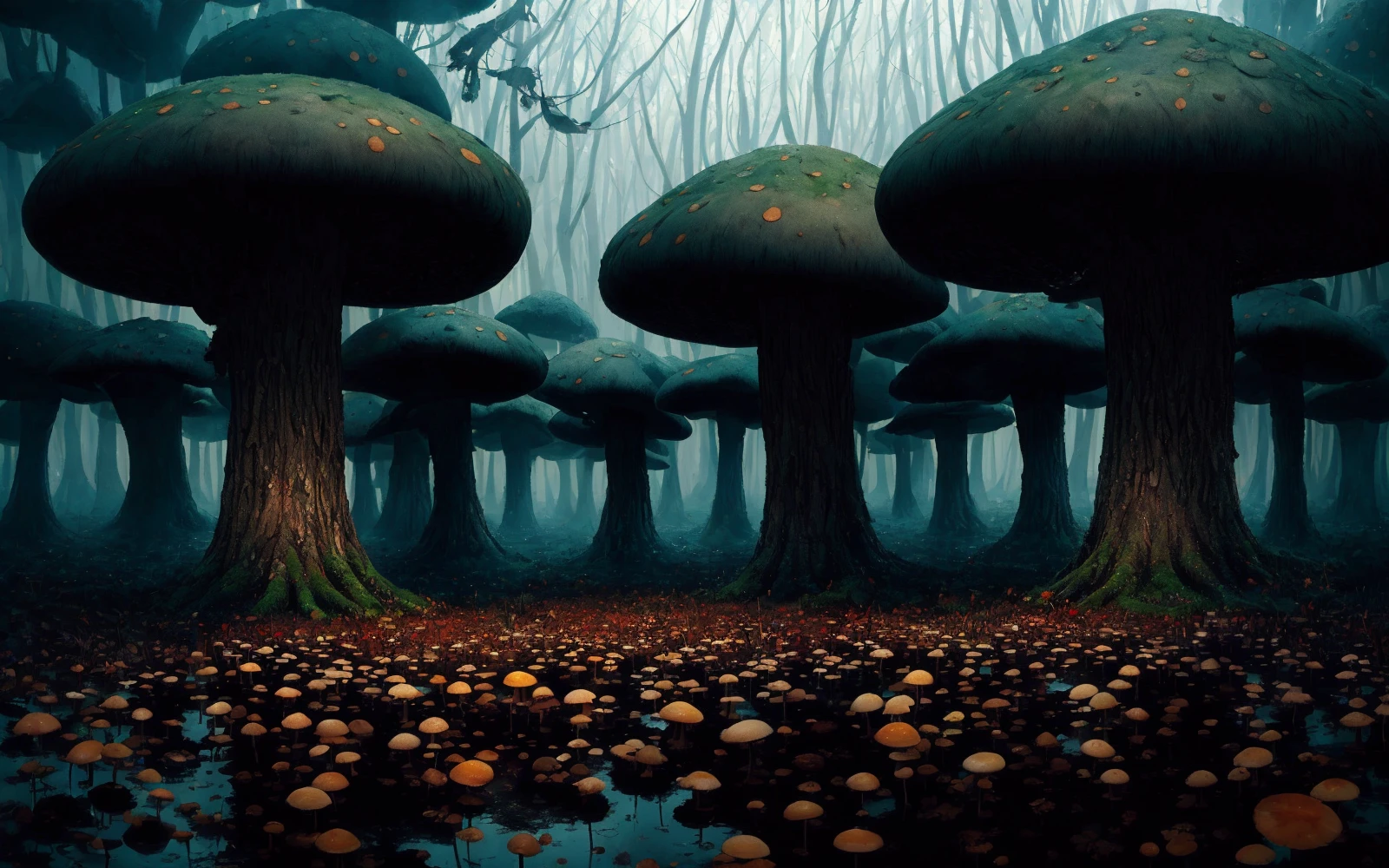 A giant mushroom forest with mushrooms that are hundreds of feet tall, heavy rainfall, reflective puddles, dark shadows,
autumn, misty, rain, dust, hyperdetailed, photorealistic
neat and tidy, magical, natural light, sharp focus, concept art, by greg rutkowski and craig mullins, cozy atmospheric and cinematic lighting, european style, trending on artstation