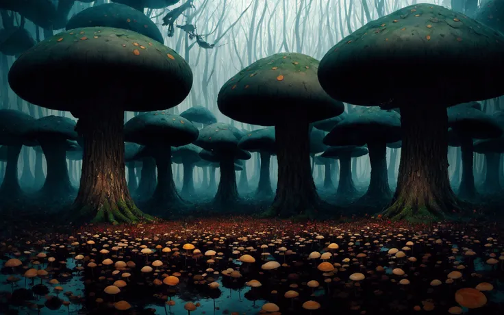 A giant mushroom forest with mushrooms that are hundreds of feet tall, heavy rainfall, reflective puddles, dark shadows, 

autumn, misty, rain, dust, hyperdetailed, photorealistic
neat and tidy, magical, natural light, sharp focus, concept art, by greg rutkowski and craig mullins, cozy atmospheric and cinematic lighting, european style, trending on artstation