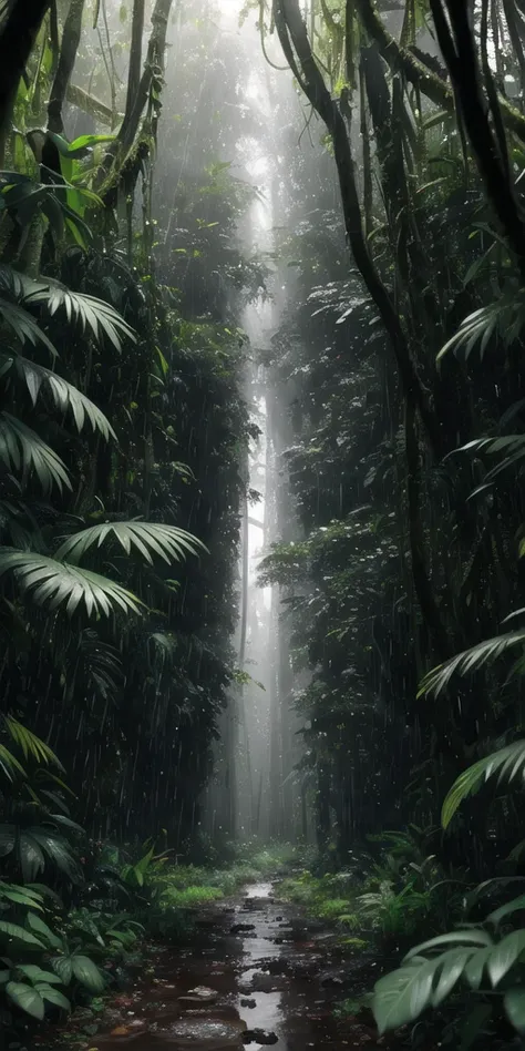 A jungle, with intense rainfall, monochromatic, vines all around, giant and wet trees, masterpiece, best quality, high quality, extremely detailed CG unity 8k wallpaper, oil paiting, award winning photography, Bokeh, Depth of Field, HDR, bloom, Chromatic Aberration ,Photorealistic,extremely detailed, trending on artstation, trending on CGsociety, Intricate, High Detail, dramatic, art by midjourney, volumetric lighting