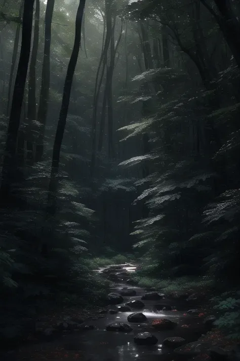 A dense forest in the midst of a heavy nighttime downpour, with raindrops cascading down the trees and thunder rumbling in the distance, masterpiece, best quality, high quality, extremely detailed CG unity 8k wallpaper, oil paiting, award winning photography, Bokeh, Depth of Field, HDR, bloom, Chromatic Aberration ,Photorealistic,extremely detailed, trending on artstation, trending on CGsociety, Intricate, High Detail, dramatic, art by midjourney, (volumetric lighting:1.2)