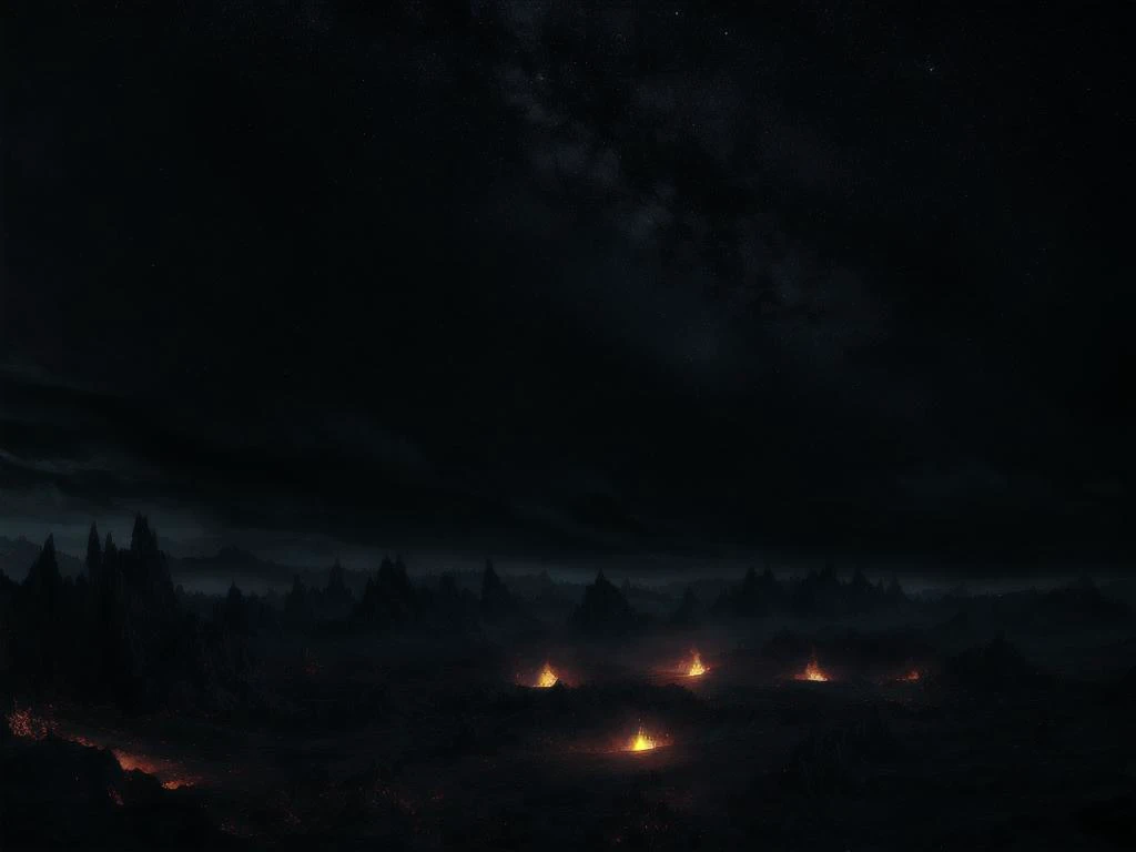 Nightmare vision, dark fantasy, fire in background, moonlight, stars on sky, dynamic sceen,photography, ultra realistic photography, RAW, 8k, ((HIGH DETAIL)), masterpiece, best quality, high quality, extremely detailed CG unity 8k wallpaper,Photorealistic