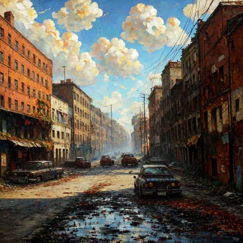 artstation style illustration, exterior, landscape, empty parking lot, rusting cars, broken down truck, zombie apocalypse, Style-Autumn