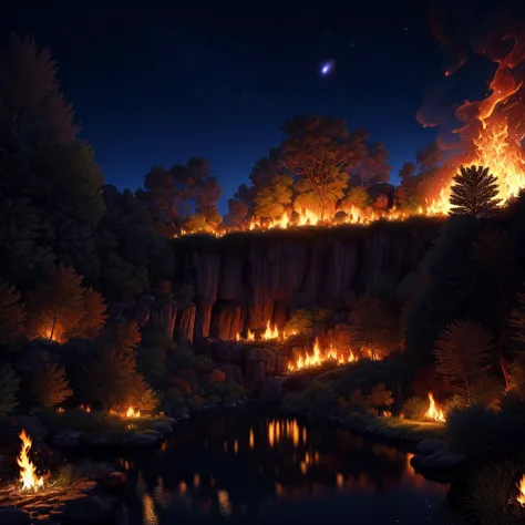 artstation style illustration, dark fantasy landscape background, darkness, night, fires, low key image, flower petals, lake, hedge, reflections, ruins, best quality, masterpiece, high contrast, realistic, flame_surge_style
