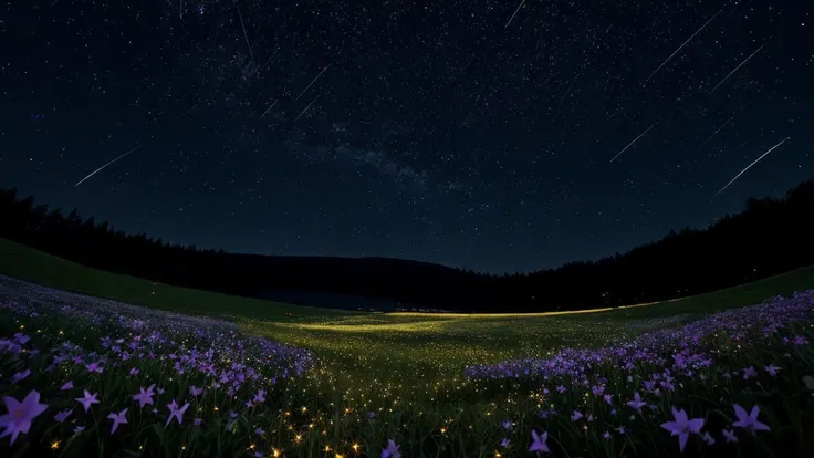 A spring meadow at night. Fireflies illuminating the darkness. shooting stars in the sky