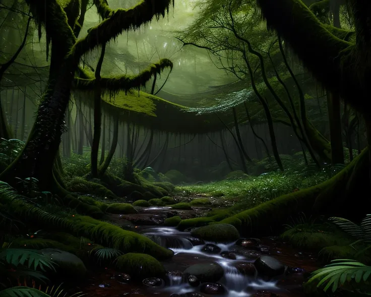 An enchanted lush green forest, uneven ground completely covered with moss and grass, with (large mossy trees:1.25), shrubs, many brightly colored flowers, mushrooms, small rocks and pebbles, fallen twigs. A light breeze blows green leaves around. A small stream flows over small mossy rocks.
Masterpiece, best quality, high quality, extremely detailed CG unity 8k wallpaper, oil painting, award winning photography, Bokeh, Depth of Field, HDR, bloom, Chromatic Aberration ,Photorealistic,extremely detailed, trending on artstation, trending on CGsociety, Intricate, High Detail, dramatic, art by midjourney, volumetric lighting.
<lora:lightV1:0.5>