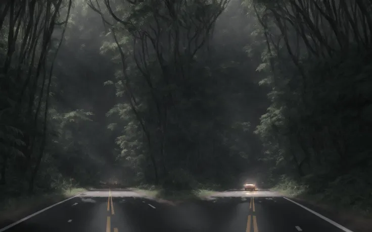photo, realistic, an (empty highway) in the midst of a jungle forest, (heavy rain), mountains in the distance, masterpiece, best quality, high quality, extremely detailed CG unity 8k wallpaper, oil paiting, award winning photography, Bokeh, Depth of Field, HDR, bloom, Chromatic Aberration ,Photorealistic,extremely detailed, trending on artstation, trending on CGsociety, Intricate, High Detail, dramatic, art by midjourney, volumetric lighting