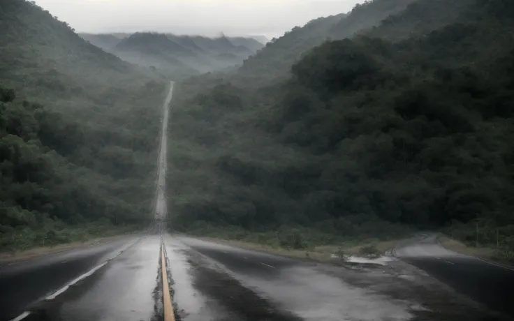 photo, realistic, an (empty highway) in the midst of a jungle forest, (heavy rain), mountains in the distance