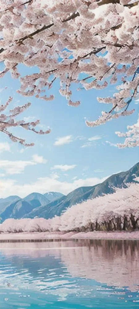 A forest of blossoming cherry trees around a wide lake