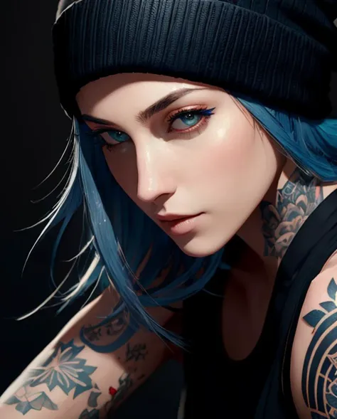 A woman with a serious expression, blue hair pulled back into a beanie hat, tattoos adorning her arms, and a black muscle tank top, masterpiece, best quality, high quality, extremely detailed CG unity 8k wallpaper, oil paiting, award winning photography, Bokeh, Depth of Field, HDR, bloom, Chromatic Aberration ,Photorealistic,extremely detailed, trending on artstation, trending on CGsociety, Intricate, High Detail, dramatic, art by midjourney, volumetric lighting