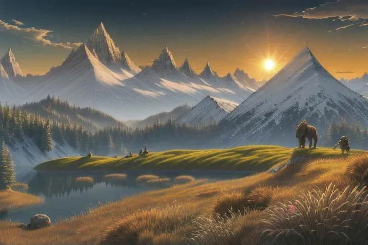 Best quality, highly detailed, medieval, fantasy, digital illustration, landscape, wide lake, grassy foreground, large mountain, snowy peak, grass, sun, field, forest in the background, two moons