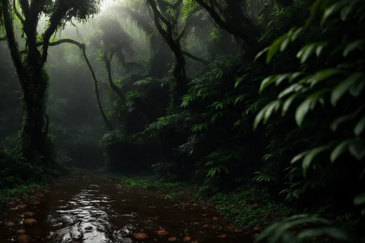 A jungle, with intense rainfall, monochromatic, vines all around, giant and wet trees, masterpiece, best quality, high quality, extremely detailed CG unity 8k wallpaper, oil paiting, award winning photography, Bokeh, Depth of Field, HDR, bloom, Chromatic Aberration ,Photorealistic,extremely detailed, trending on artstation, trending on CGsociety, Intricate, High Detail, dramatic, art by midjourney, volumetric lighting