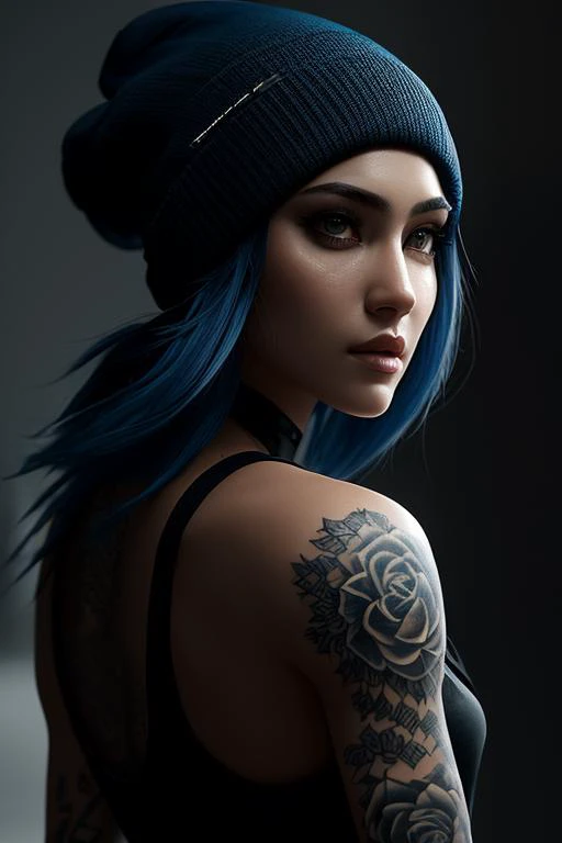 A woman with a serious expression, blue hair pulled back into a beanie hat, tattoos adorning her arms, and a black muscle tank top, masterpiece, best quality, high quality, extremely detailed CG unity 8k wallpaper, oil paiting, award winning photography, Bokeh, Depth of Field, HDR, bloom, Chromatic Aberration ,Photorealistic,extremely detailed, trending on artstation, trending on CGsociety, Intricate, High Detail, dramatic, art by midjourney, volumetric lighting