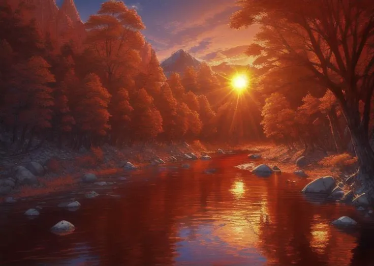 A crimson river of blood flowing through a valley of mountains with the glow of the setting sun and a forest of trees with no leaves, hyper detailed, sun in the sky, sunset, beautiful sunset, ripples in the water, point of view, point of view standing next to the river of blood, leafless trees, winter, ripples in river of blood, sun in the sky, trees arching over a river, small river, stream, rocks in the river, bright red river