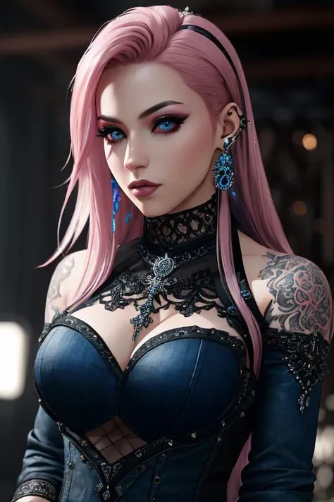 A beautiful gothic-looking woman with pink hair, wearing blue jeans and muscular build, with bold makeup, piercings, tattoos, and earrings, looking directly at the viewer,masterpiece, best quality, high quality, extremely detailed CG unity 8k wallpaper, oil paiting, award winning photography, Bokeh, Depth of Field, HDR, bloom, Chromatic Aberration ,Photorealistic,extremely detailed, trending on artstation, trending on CGsociety, Intricate, High Detail, dramatic, art by midjourney, volumetric lighting