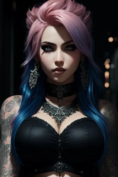 A beautiful gothic-looking woman with pink hair, wearing blue jeans and muscular build, with bold makeup, piercings, tattoos, and earrings, looking directly at the viewer,masterpiece, best quality, high quality, extremely detailed CG unity 8k wallpaper, oil paiting, award winning photography, Bokeh, Depth of Field, HDR, bloom, Chromatic Aberration ,Photorealistic,extremely detailed, trending on artstation, trending on CGsociety, Intricate, High Detail, dramatic, art by midjourney, volumetric lighting