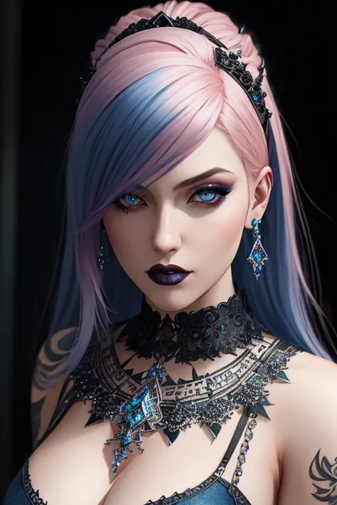 A beautiful gothic-looking woman with pink hair, wearing blue jeans and muscular build, with bold makeup, piercings, tattoos, and earrings, looking directly at the viewer,masterpiece, best quality, high quality, extremely detailed CG unity 8k wallpaper, oil paiting, award winning photography, Bokeh, Depth of Field, HDR, bloom, Chromatic Aberration ,Photorealistic,extremely detailed, trending on artstation, trending on CGsociety, Intricate, High Detail, dramatic, art by midjourney, volumetric lighting