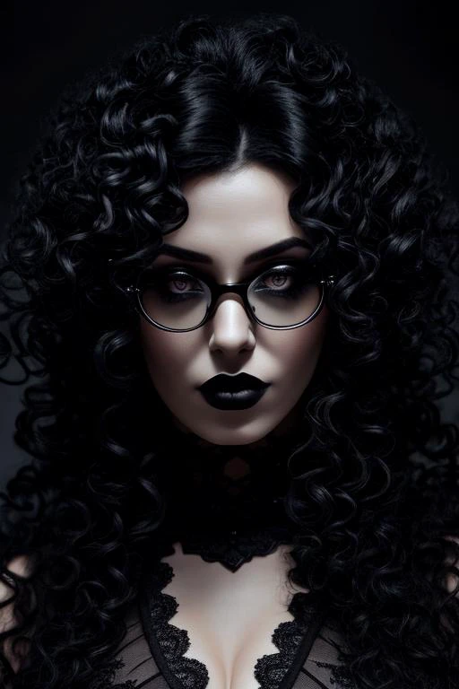A gothic woman with curly hair, black lipstick, and eyeliner, wearing gothic attire and glasses, staring intensely at the viewer, a dark and mysterious vibe, high quality, extremely detailed CG unity 8k wallpaper, oil painting style, award-winning photography, photorealistic with Bokeh, Depth of Field, HDR, bloom, Chromatic Aberration, intricate, highly detailed
