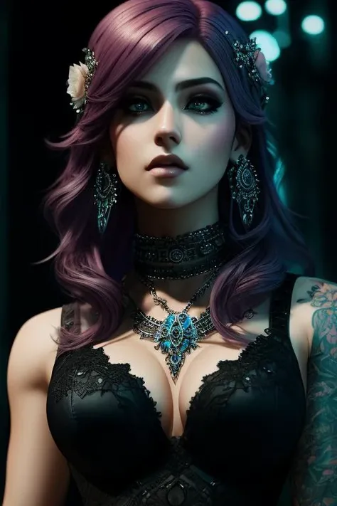 A beautiful gothic-looking woman with pink hair, wearing blue jeans and muscular build, with bold makeup, piercings, tattoos, and earrings, looking directly at the viewer,masterpiece, best quality, high quality, extremely detailed CG unity 8k wallpaper, oil paiting, award winning photography, Bokeh, Depth of Field, HDR, bloom, Chromatic Aberration ,Photorealistic,extremely detailed, trending on artstation, trending on CGsociety, Intricate, High Detail, dramatic, art by midjourney, volumetric lighting