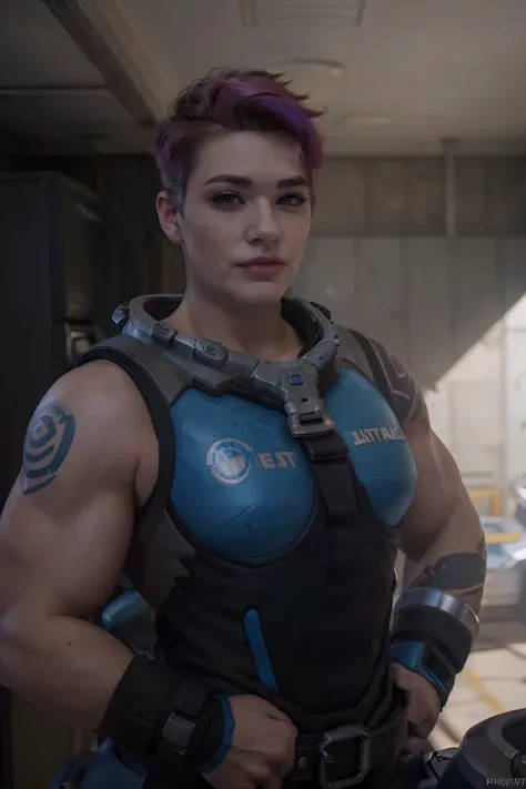 (best quality:1.4), (ultra highres:1.2), (photorealistic:1.4), (8k, RAW photo:1.2), upper body photo of fixmus <lora:fixmus:0.7>, 1girl, solo, zarya cosplay,overwatch, short hair, sideshave <lora:zarya:0.6>, blue armor