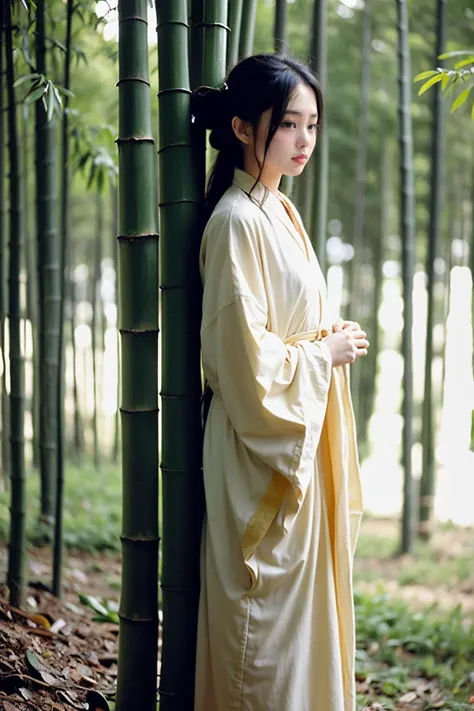 Film photo of a dim misty bamboo forest, Tyndall effect, lowkey,a girl in hanfu,<lora:new_weijin_hanfu:0.6>