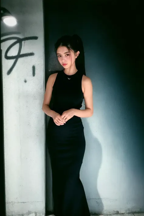 a woman, standing in front of a wall with stylish graffiti in a closed dark subway<lora:Ymiao1-05:0.6>