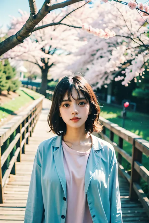 <lora:Heavy_grain:0.6>,(film grain, film photography:1.5), bokeh, DOF,upper body, 
portrait photo of a girl standing on a wooden bridge next to a tree with cherry blossoms on it and a walkway in the background,