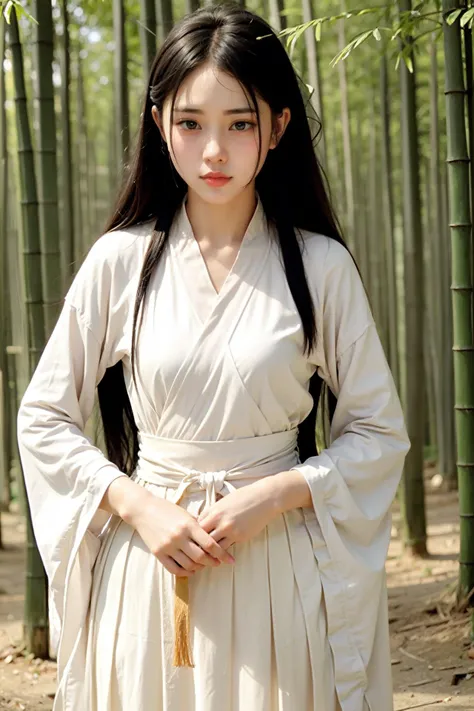 Film photo of a dim misty bamboo forest, Tyndall effect, lowkey,a girl wearing a veil  hanfu,<lora:new_weijin:0.5> ,<lora:Ymiao:0.6>